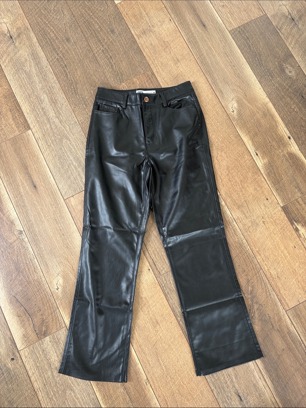 ZARA Black Faux Leather Wide-Leg Jeans - Women